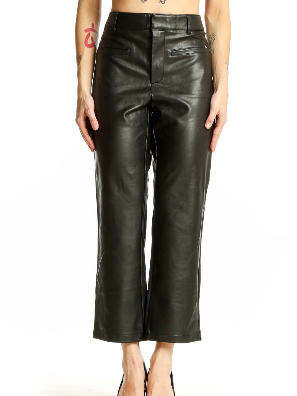 Maeve by Anthropologie Black Faux Leather Wide-Leg Cropped Pants size 32